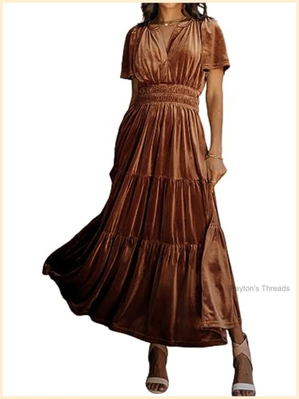Women's Velvet Maxi Dress V-Neck Short Sleeve A-Line Ruffle Tiered Elegant